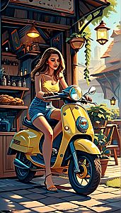 Woman Riding Yellow Scooter at Outdoor Café