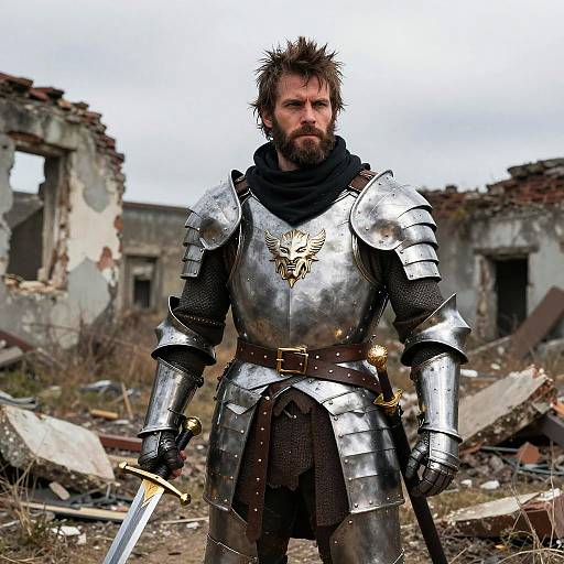 Medieval Knight in Armor with Sword in Ruins