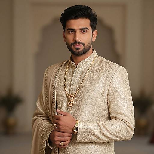 Man Wearing Embroidered Beige Sherwani with Traditional Jewelry