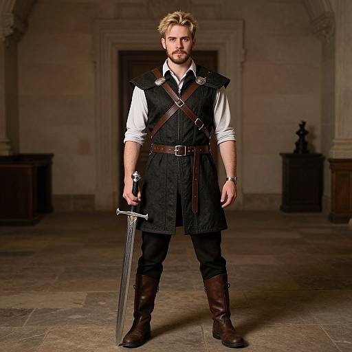 Medieval Inspired Man Holding Sword in Historical Costume
