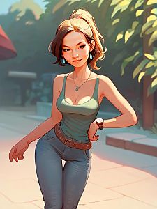 Stylish young woman in green tank top and jeans outdoors