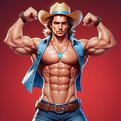 Muscular Man in Cowboy Hat Flexing Biceps Digital Artwork