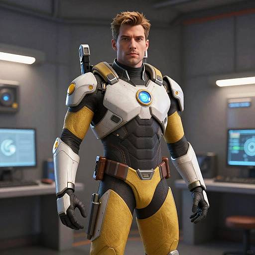 Man in Futuristic Overwatch-Style Suit Standing in High-Tech Room