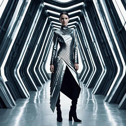 Futuristic Woman in Metallic Pleated Dress in Modern Corridor
