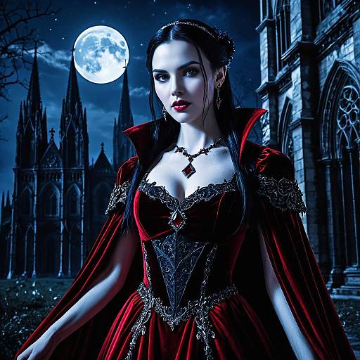 Gothic Vampire Woman in Red Dress by Moonlit Cathedral