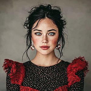 Portrait of a Woman with Blue Eyes and Freckles
