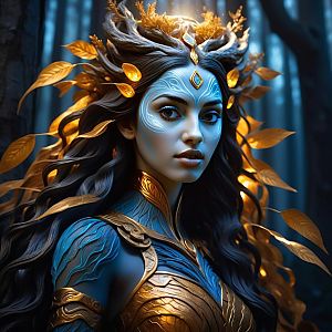 Woman in Nature-Inspired Armor with Golden Leaves
