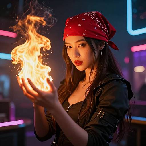 Fiery Woman with Red Bandana in Neon Light Setting