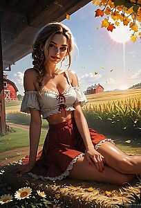 Young Woman Relaxing on Hay Bale in Rustic Farm Setting Digital Art