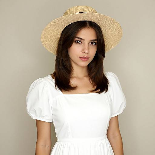 Young Woman in White Dress and Straw Hat Portrait