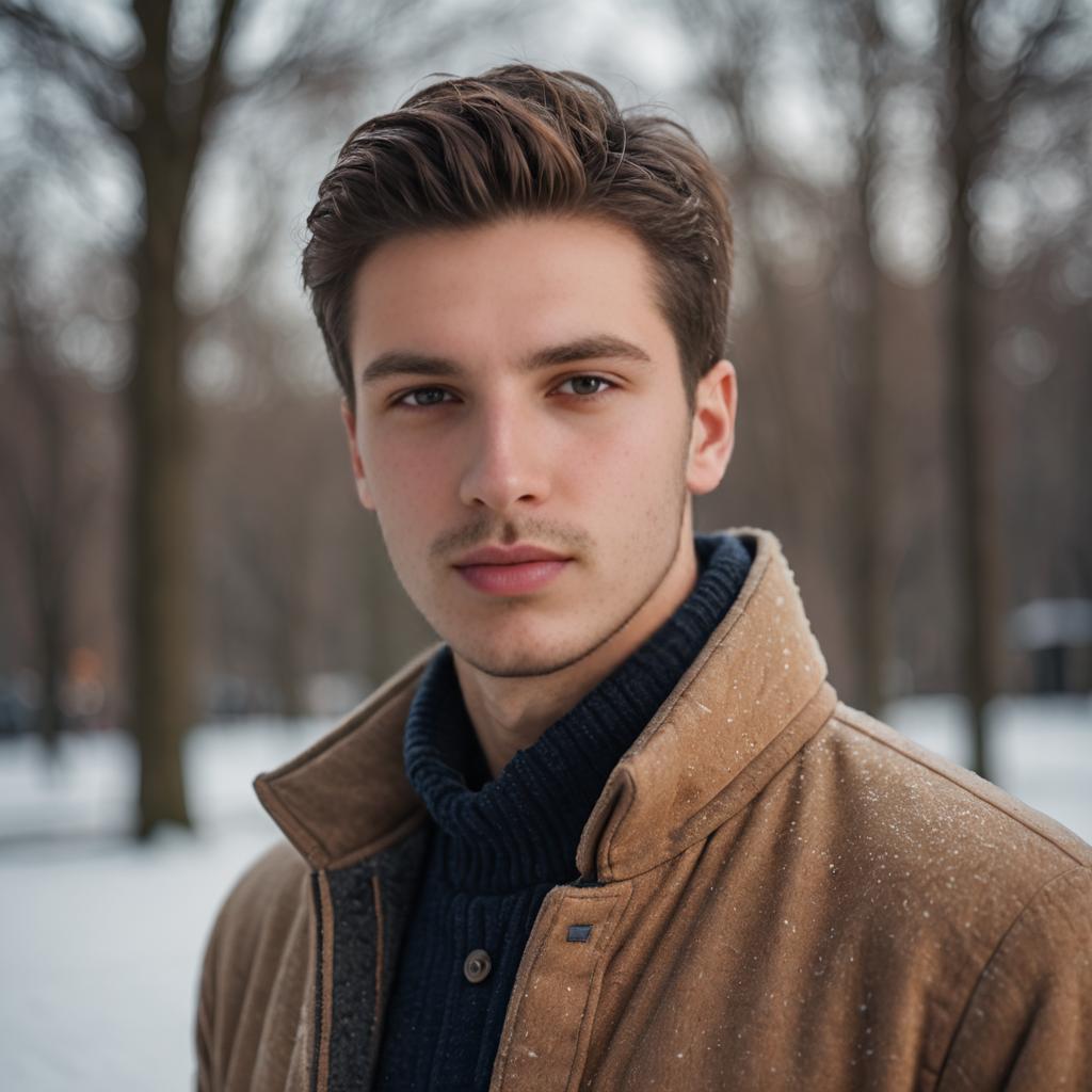 Confident Young Man in Snowy Park