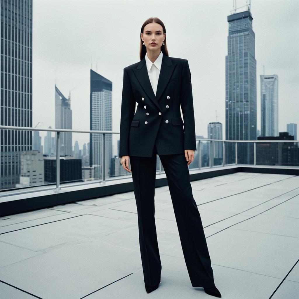 Woman in Tailored Black Double-Breasted Suit on Rooftop with City Skyline