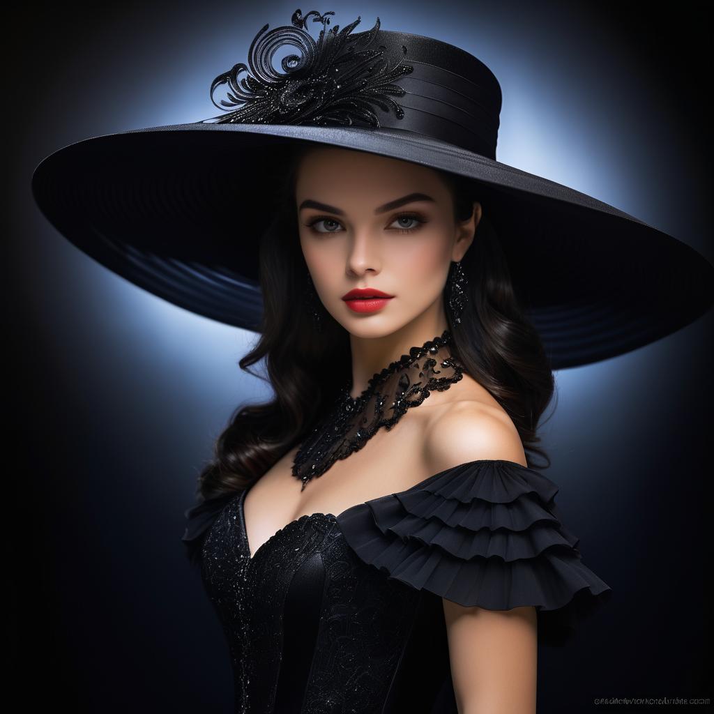 Elegant Woman in Black Hat and Evening Gown