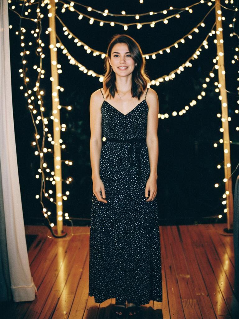 Young Woman in Polka Dot Dress with Festive String Lights Indoors