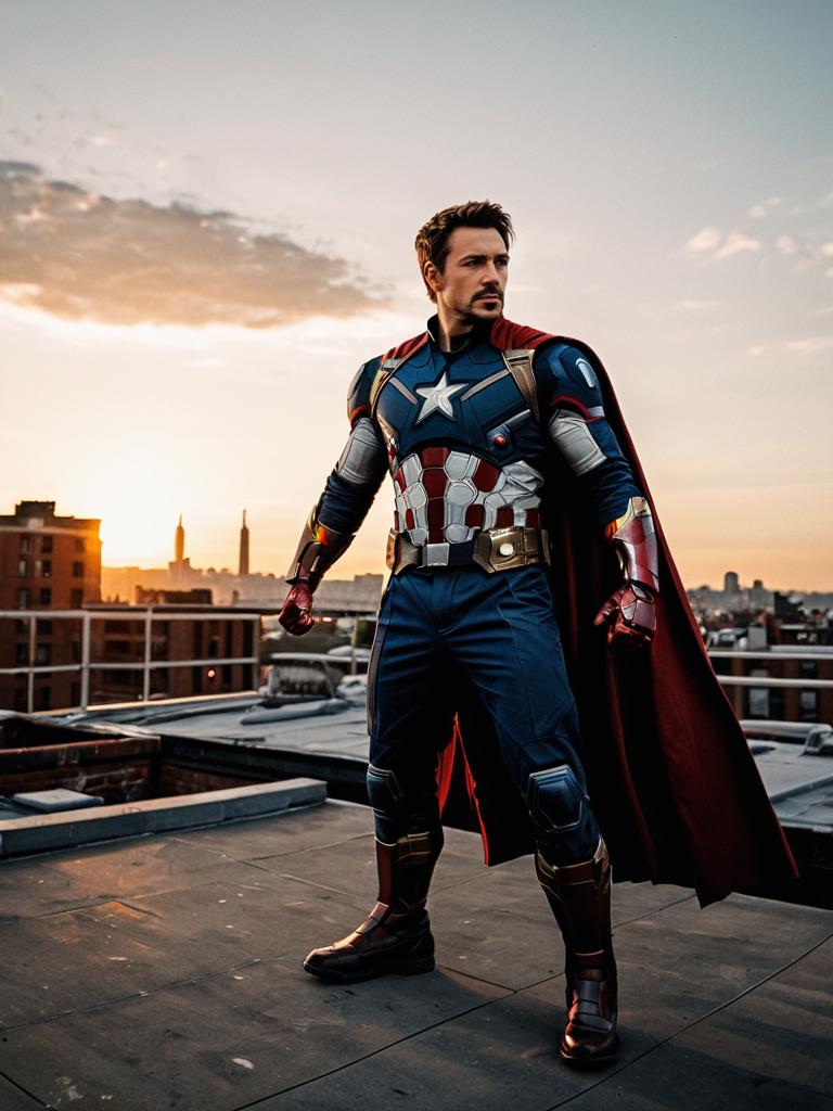 Heroic Man on Rooftop at Sunset in Superhero Costume Heroic Man on Rooftop at Sunset in Superhero Costume