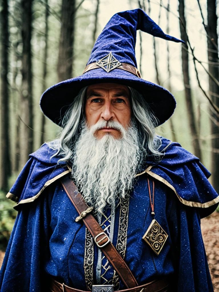 Realistic Wizard Costume Man in Blue Robe and Pointed Hat Cosplay