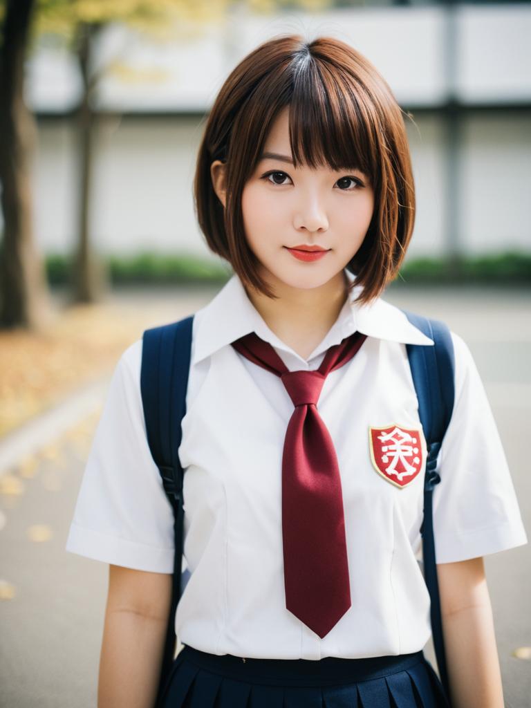 Japanese Schoolgirl in Uniform with Maroon Tie Outdoor Portrait