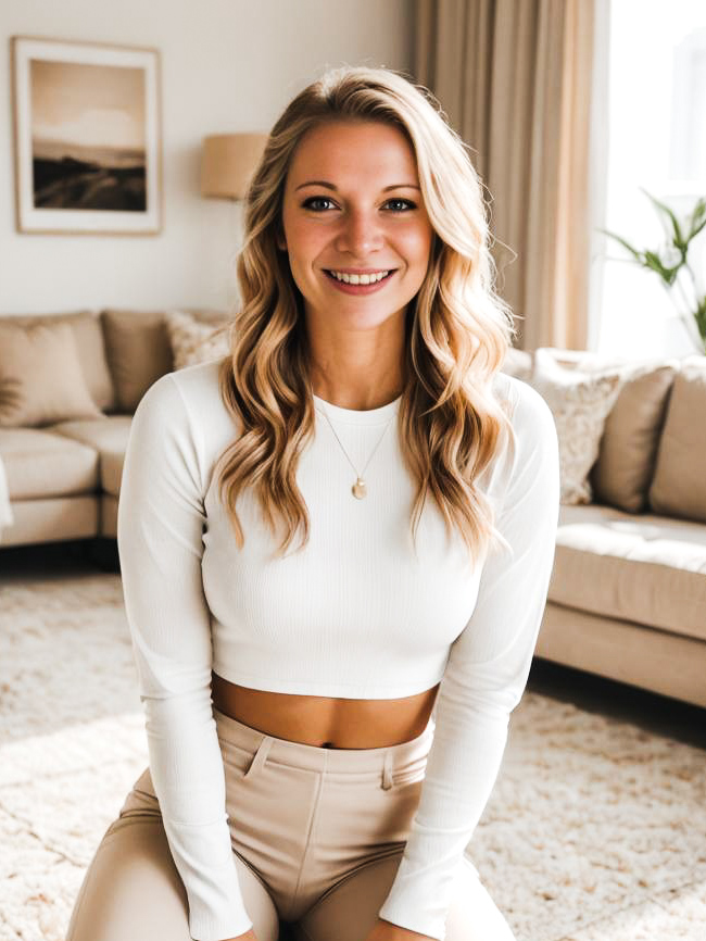 Smiling Woman in Cozy Modern Living Room