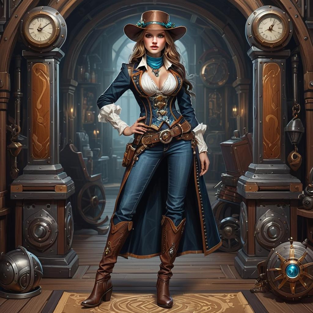 Steampunk Woman in Vintage Workshop Outfit with Clocks and Mechanical Devices
