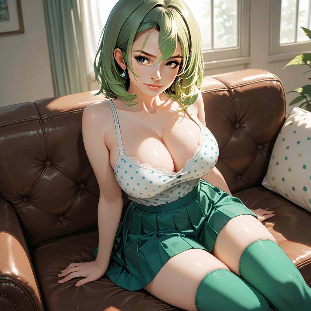 Green-Haired Woman Sitting on Leather Sofa in Semi-Realistic Anime Style