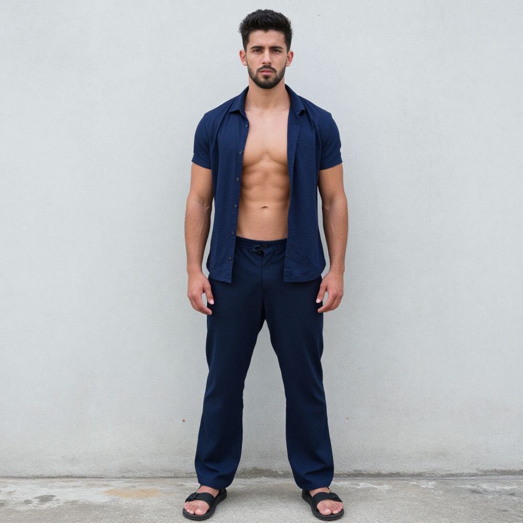 Athletic Young Man in Navy Blue Casual Outfit Standing Against Grey Wall