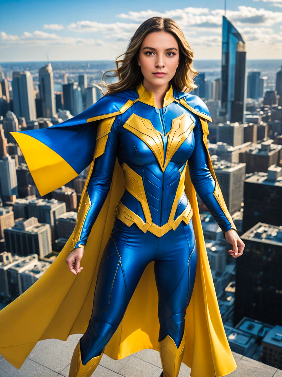 Powerful Superheroine in Blue and Yellow Costume