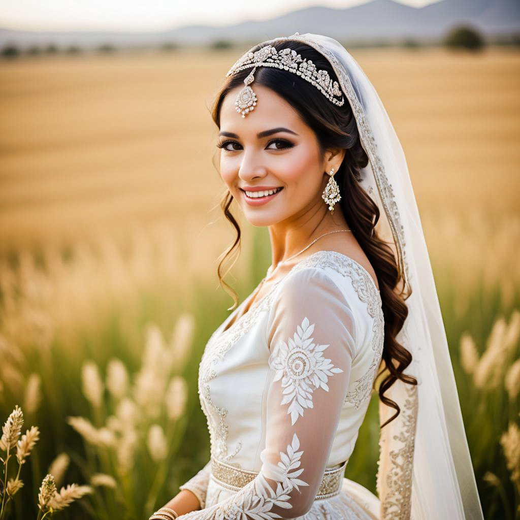 Smiling Bride in Elegant Gown at Sunset