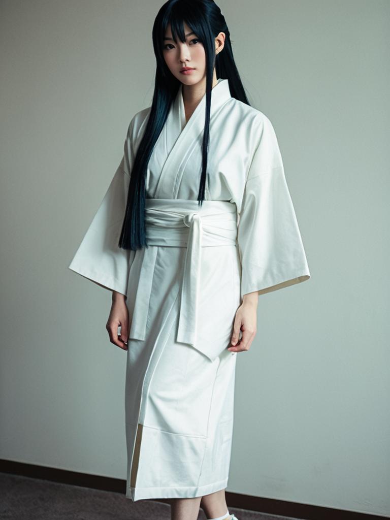 Realistic Kikyo Cosplay Woman in Traditional White Kimono