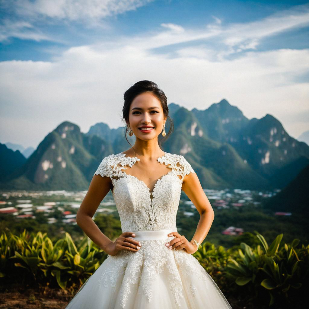 Smiling Bride in Lace Dress Outdoors