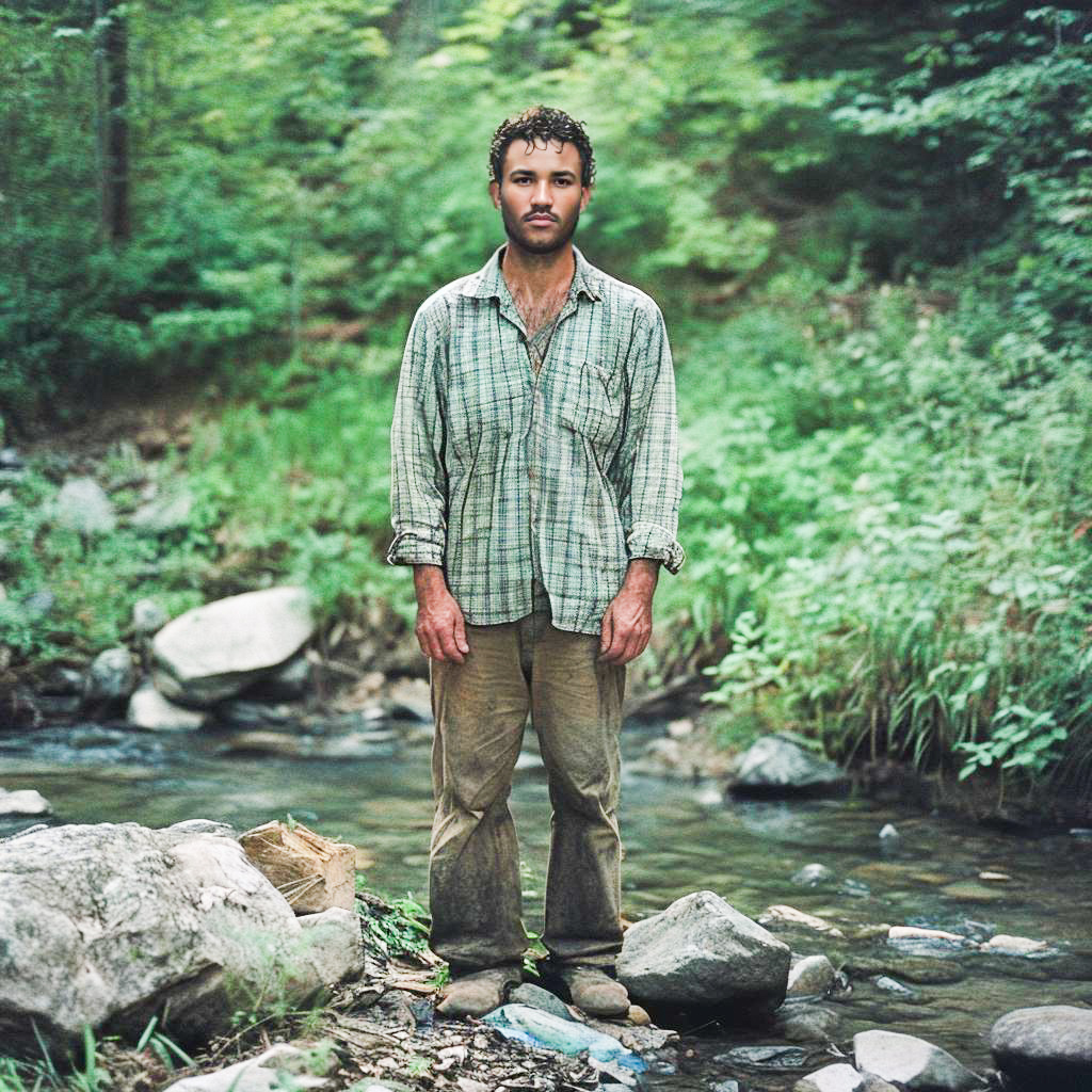 Man in Plaid Shirt by Tranquil Stream