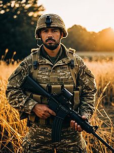 Man in Army Soldier Costume Photorealistic Outdoor Portrait at Golden Hour