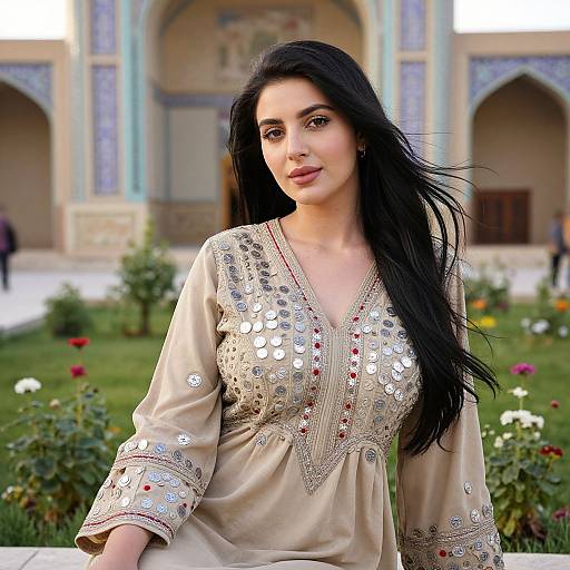 Woman in Traditional Embroidered Dress in Historic Garden