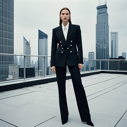 Woman in Tailored Black Double-Breasted Suit on Rooftop with City Skyline