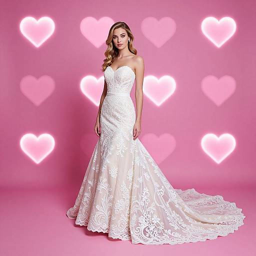 Elegant Strapless Lace Wedding Dress with Heart Background