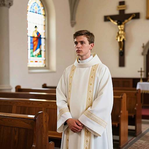 Young Man in Liturgical Robes Standing in Church Interior