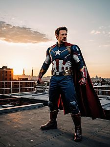 Heroic Man on Rooftop at Sunset in Superhero Costume