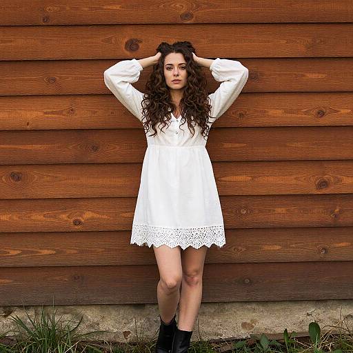 Young Woman in White Lace Dress Against Wooden Wall