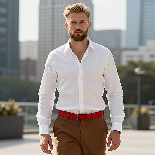 Stylish Man in White Shirt and Brown Pants with Red Belt in Urban Setting