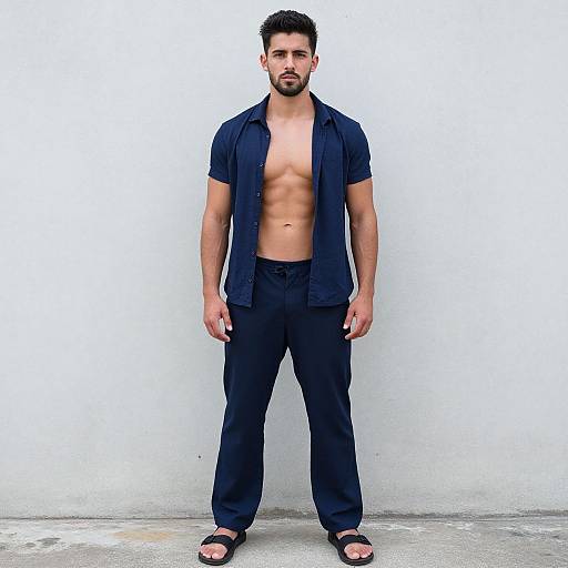 Athletic Young Man in Navy Blue Casual Outfit Standing Against Grey Wall