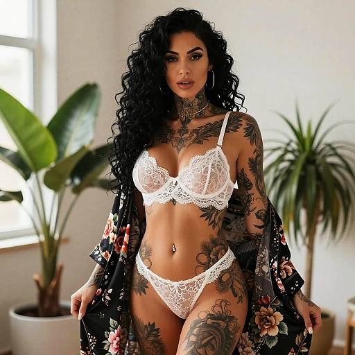 Tattooed Woman in White Lace Lingerie and Floral Robe Indoor Portrait