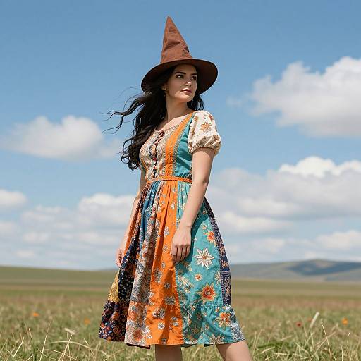 Young Woman in Patchwork Dress and Witch Hat in Open Field