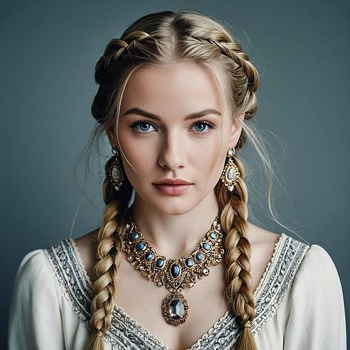 Vintage Style Portrait of Blonde Woman Wearing Elaborate Blue Gemstone Jewelry