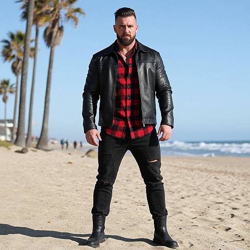 Man in Black Leather Jacket and Red Checkered Shirt Standing on Beach