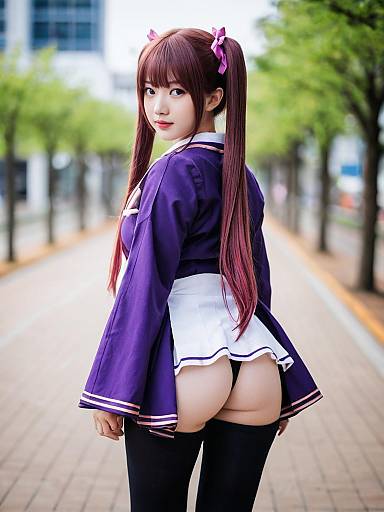Arisaka Mashiro Cosplay in Purple School Uniform with Twin Tails Outdoors