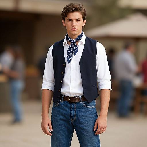 Young Man in Classic Casual Outfit with Waistcoat and Neckerchief