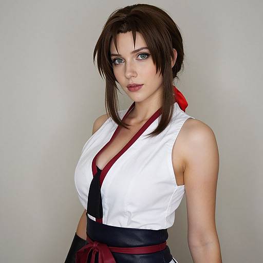 Female Cosplayer in Detailed White and Red Video Game Costume
