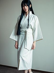 Realistic Kikyo Cosplay Woman in Traditional White Kimono