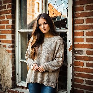 Young Woman in Cozy Sweater by Broken Window