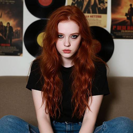 Redhead Woman with Wavy Hair and Vintage Vinyl Records Background