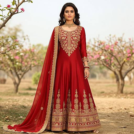 Woman in Red Traditional Indian Anarkali Dress with Gold Embroidery